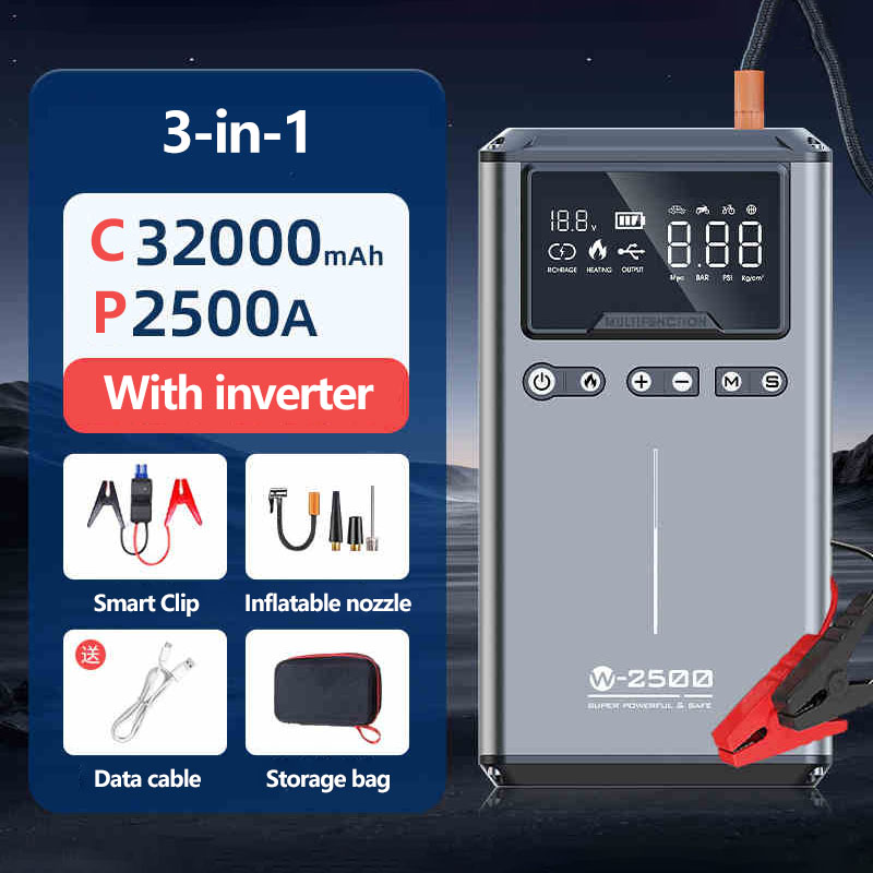 [3 em 1] Bomba de ar inteligente, fonte de alimentação de arranque de emergência para automóvel, inversor de automóvel de 2500 W
